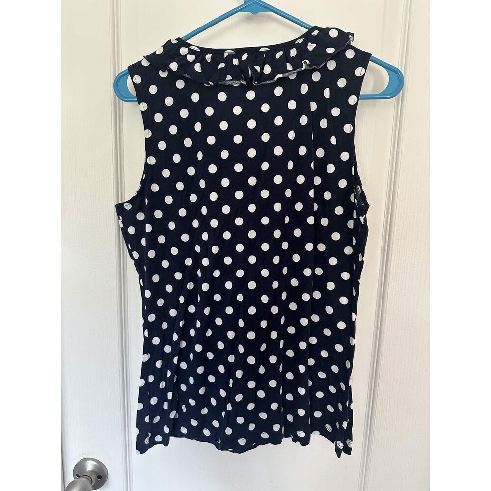 Lauren Ralph Lauren Navy White Polka Dot Ruffle Top Large Ruffle Neck Preppy - Picture 4 of 5
